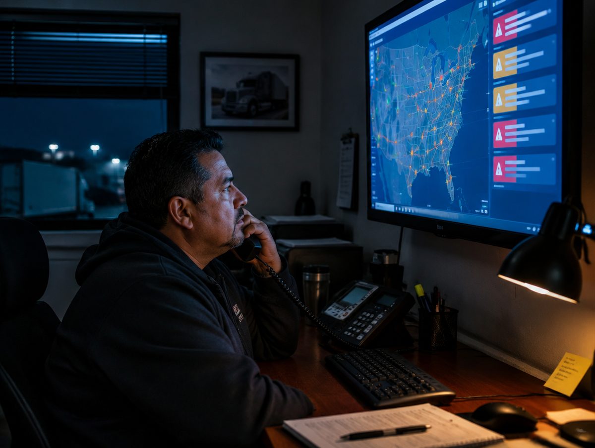 A dispatcher on the phone in the evening in front of a wall monitor with a map and alert cards