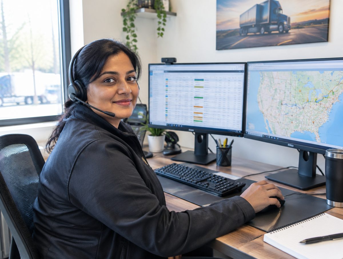 A dispatcher at a desk with a load board and a map on two monitors