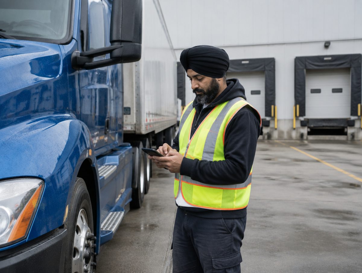 A driver checking in a delivery on his phone beside his truck at a loading dock