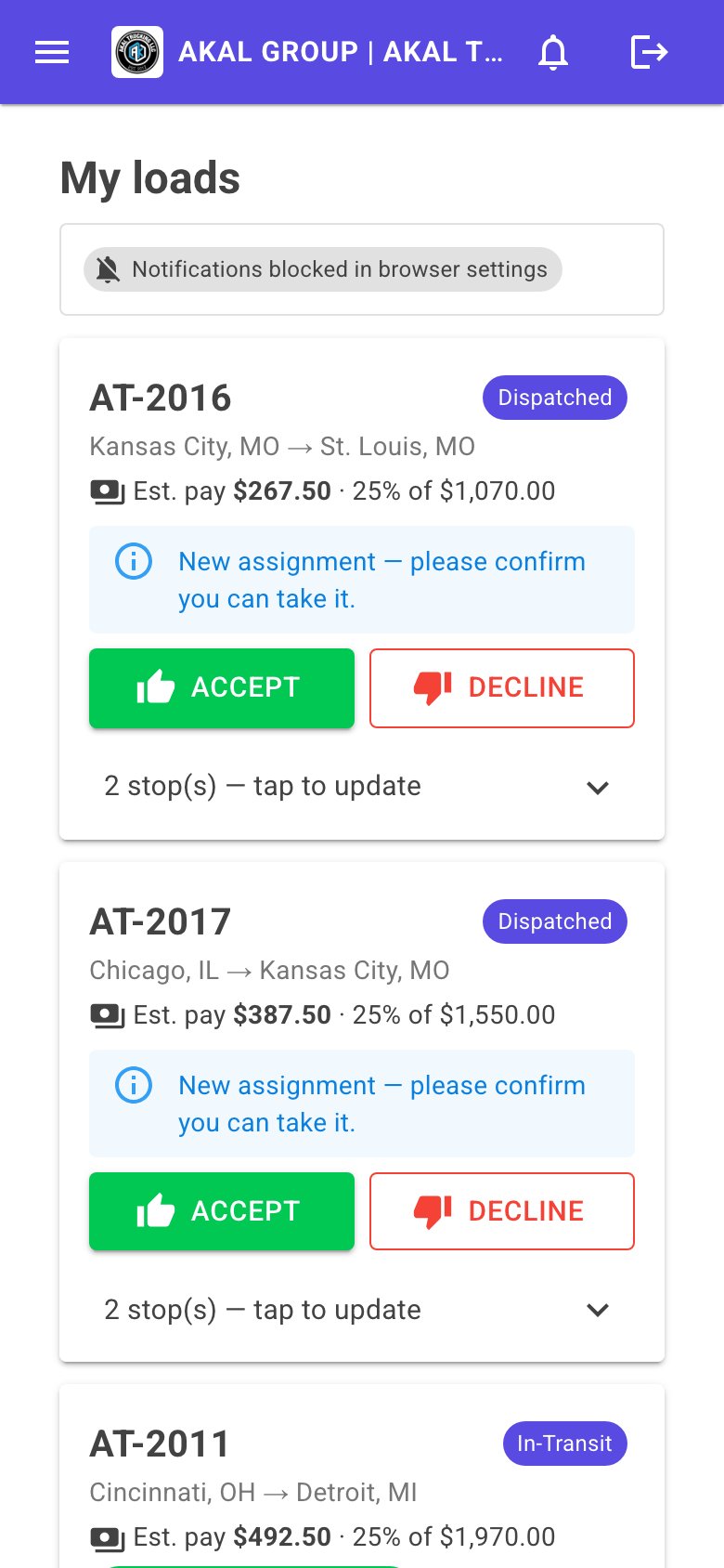 The NSLogi driver app: My loads with accept and decline buttons, estimated pay and stops